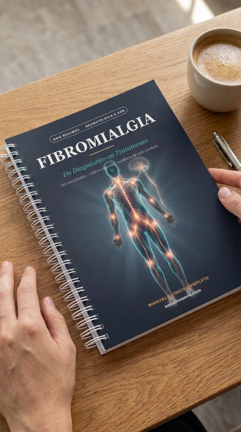 Manual de Fibromialgia — caderno espiral sobre a mesa